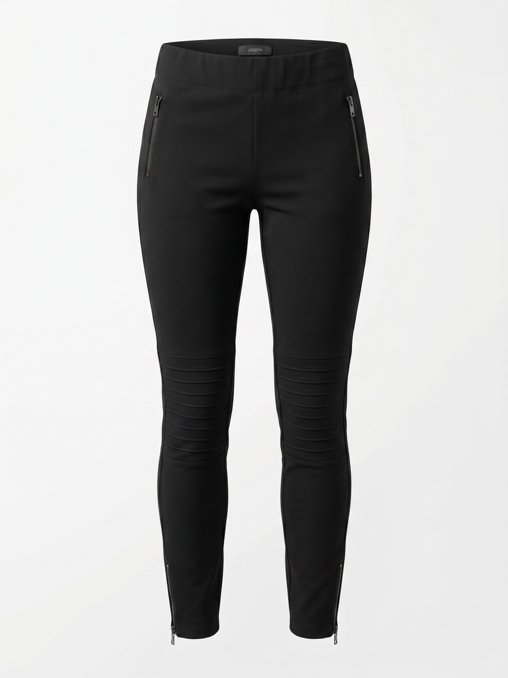 Joseph Black Gabardine Stretch Moto Trousers Pants Size 38 Elastic Waist Zips